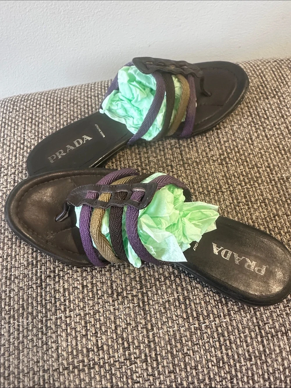 Vintage Prada Black Leather Multistrap Slide Sandals Purple and Gold Rope Straps